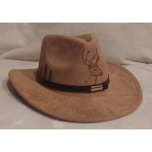 Custom Burned Tan Suede-Like Western Cowboy Hat Rustic Buck Deer Design Size 7.5